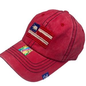 California Republic embroidered bear American flag red vintage strap back hat
